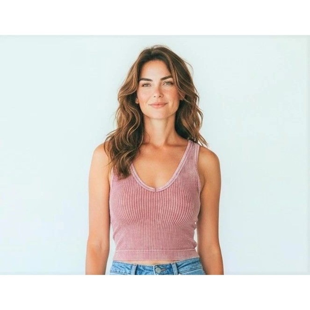 ZENANA‎ RIBBED CROPPED TANK TOP V NECK (NO PADDING) CAMEL S/M NEW